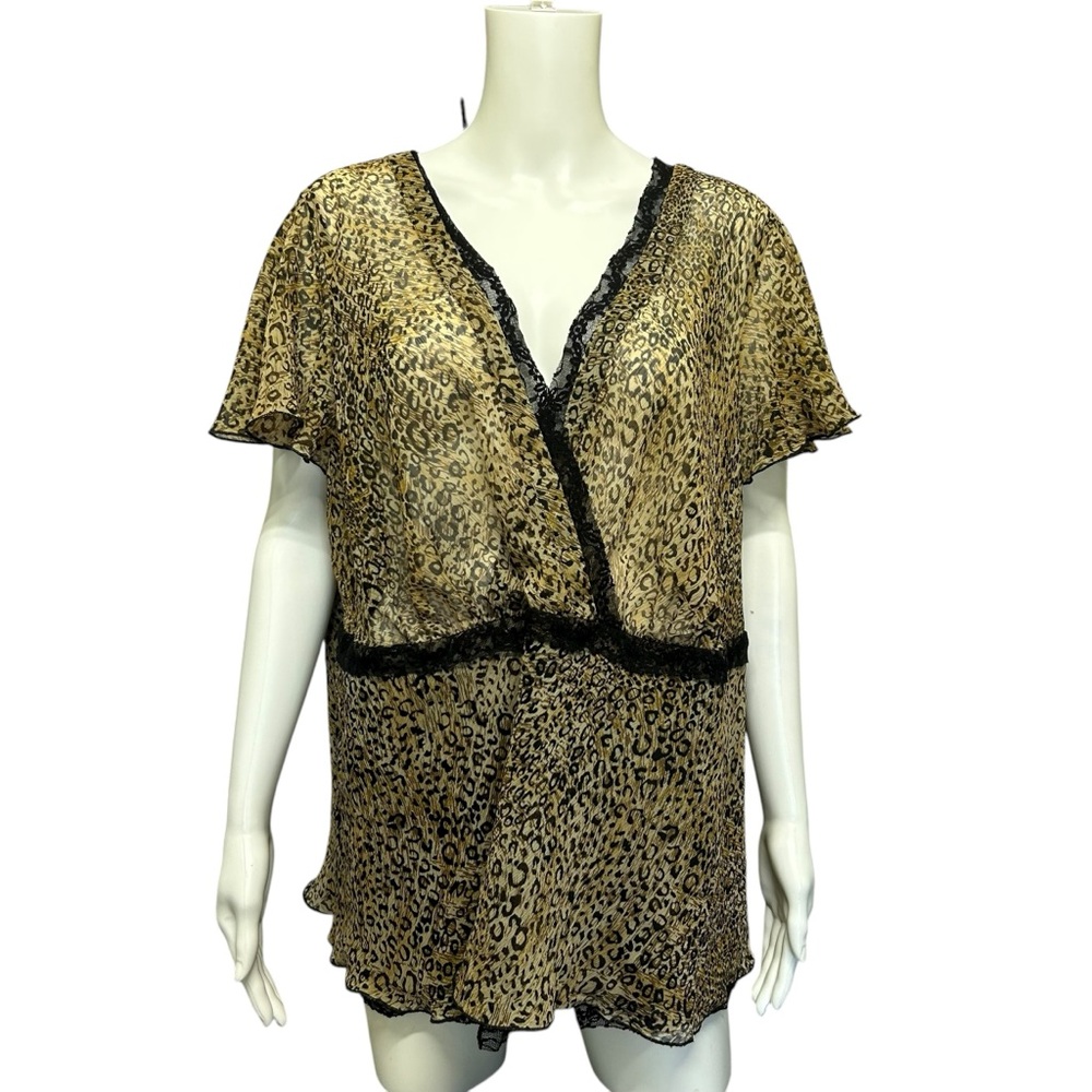Lane Bryant Sheer Leopard Print Faux Wrap Blouse Lace Trim - Size 24